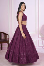 Wine Net Sequinned Lehenga - net saree