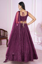 Wine Net Sequinned Lehenga - net saree