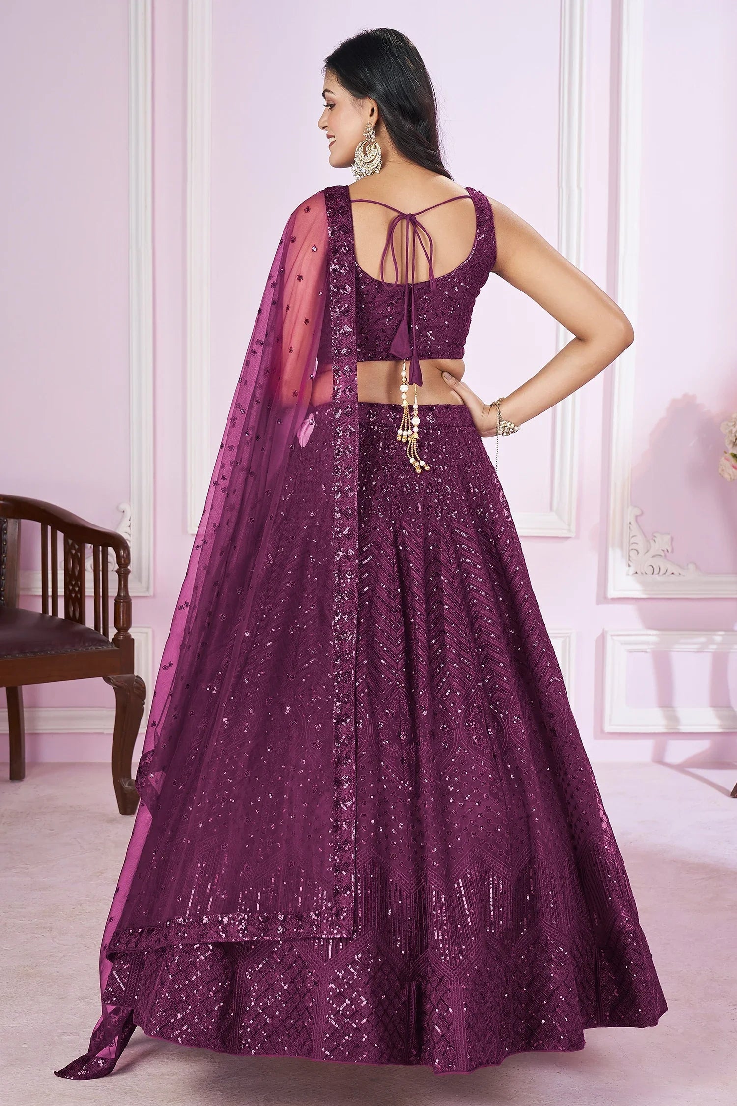 Wine Net Sequinned Lehenga - net saree