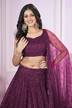 Wine Net Sequinned Lehenga - net saree