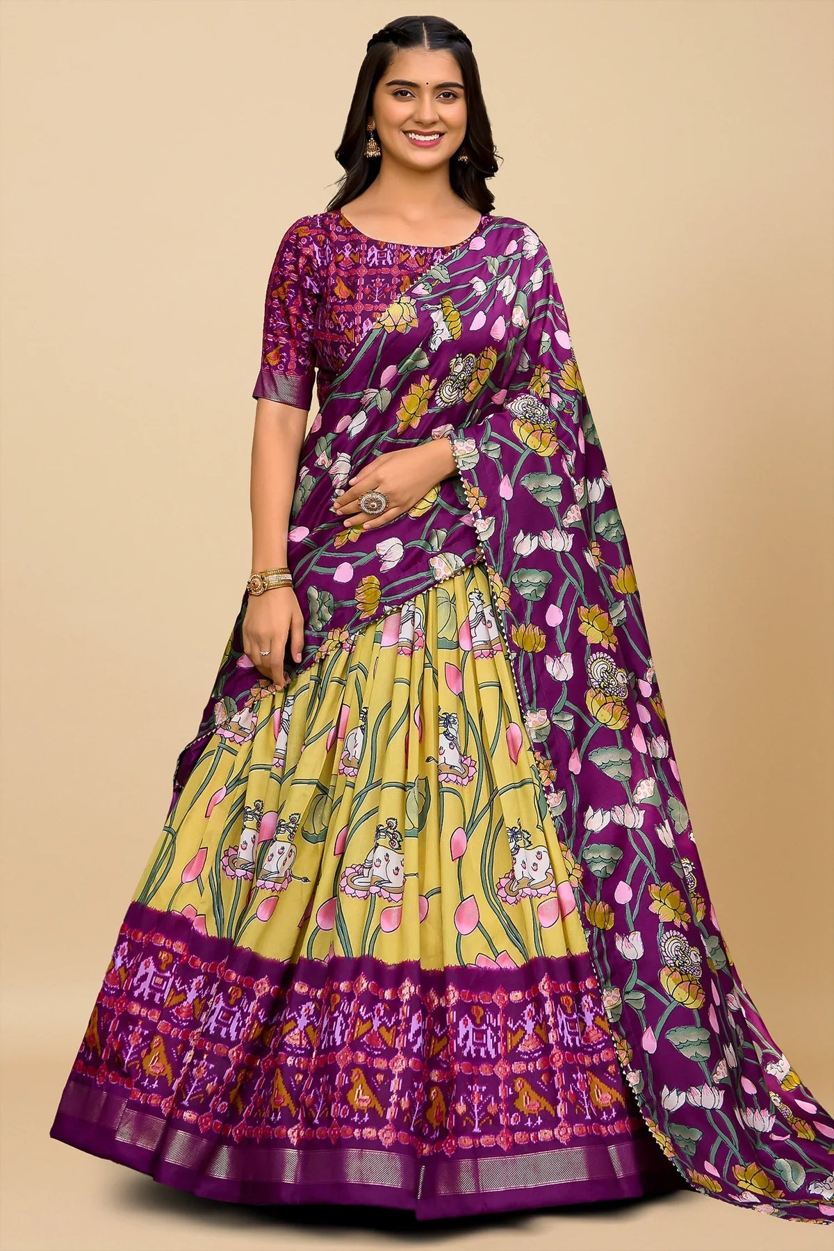 Mustard Tussar Silk Floral Printed Lehenga with Contrast Patola Border
