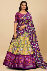 Mustard Tussar Silk Floral Printed Lehenga with Contrast Patola Border