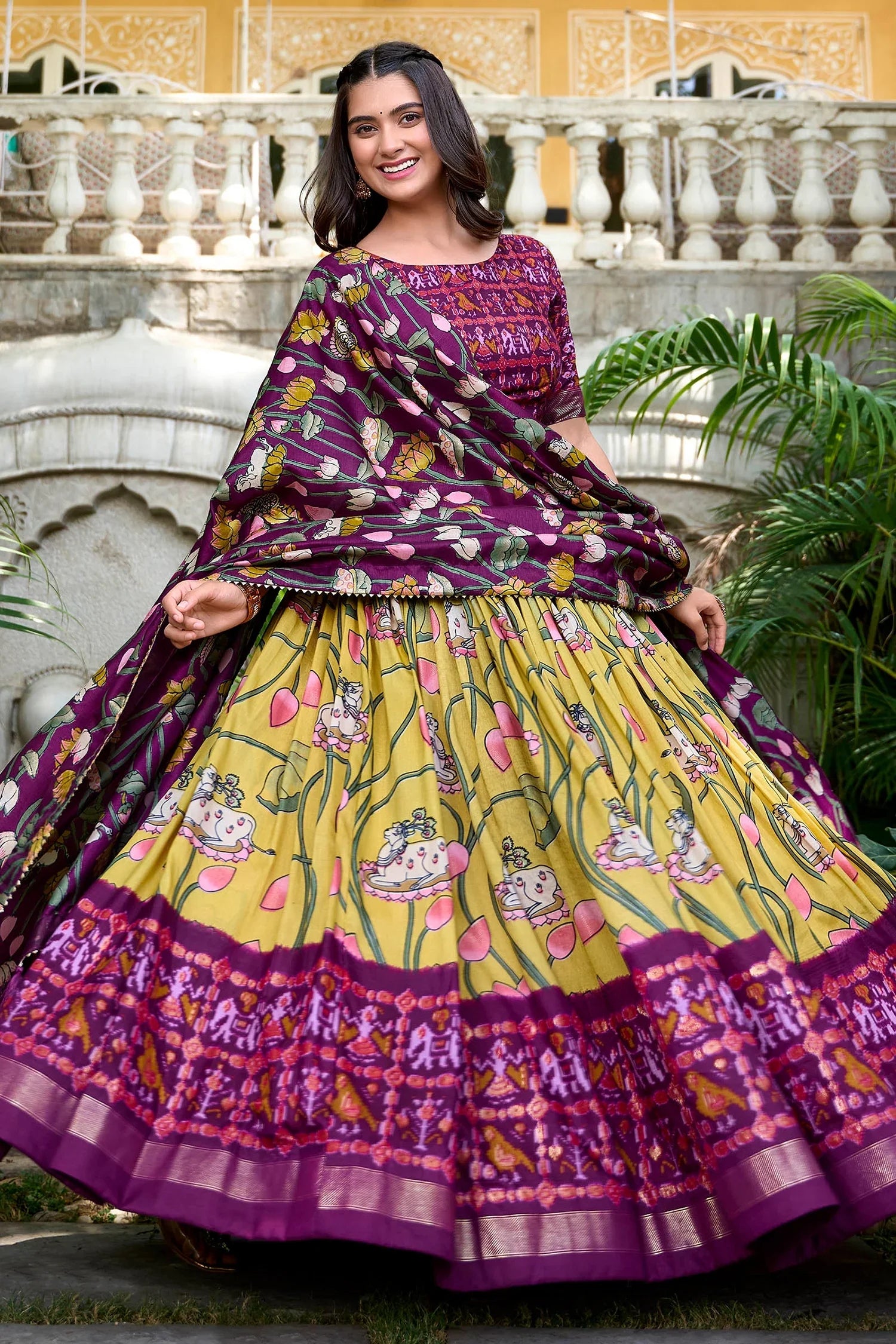 Mustard Tussar Silk Floral Printed Lehenga with Contrast Patola Border