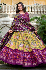 Mustard Tussar Silk Floral Printed Lehenga with Contrast Patola Border