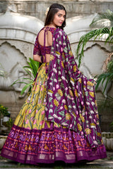 Mustard Tussar Silk Floral Printed Lehenga with Contrast Patola Border