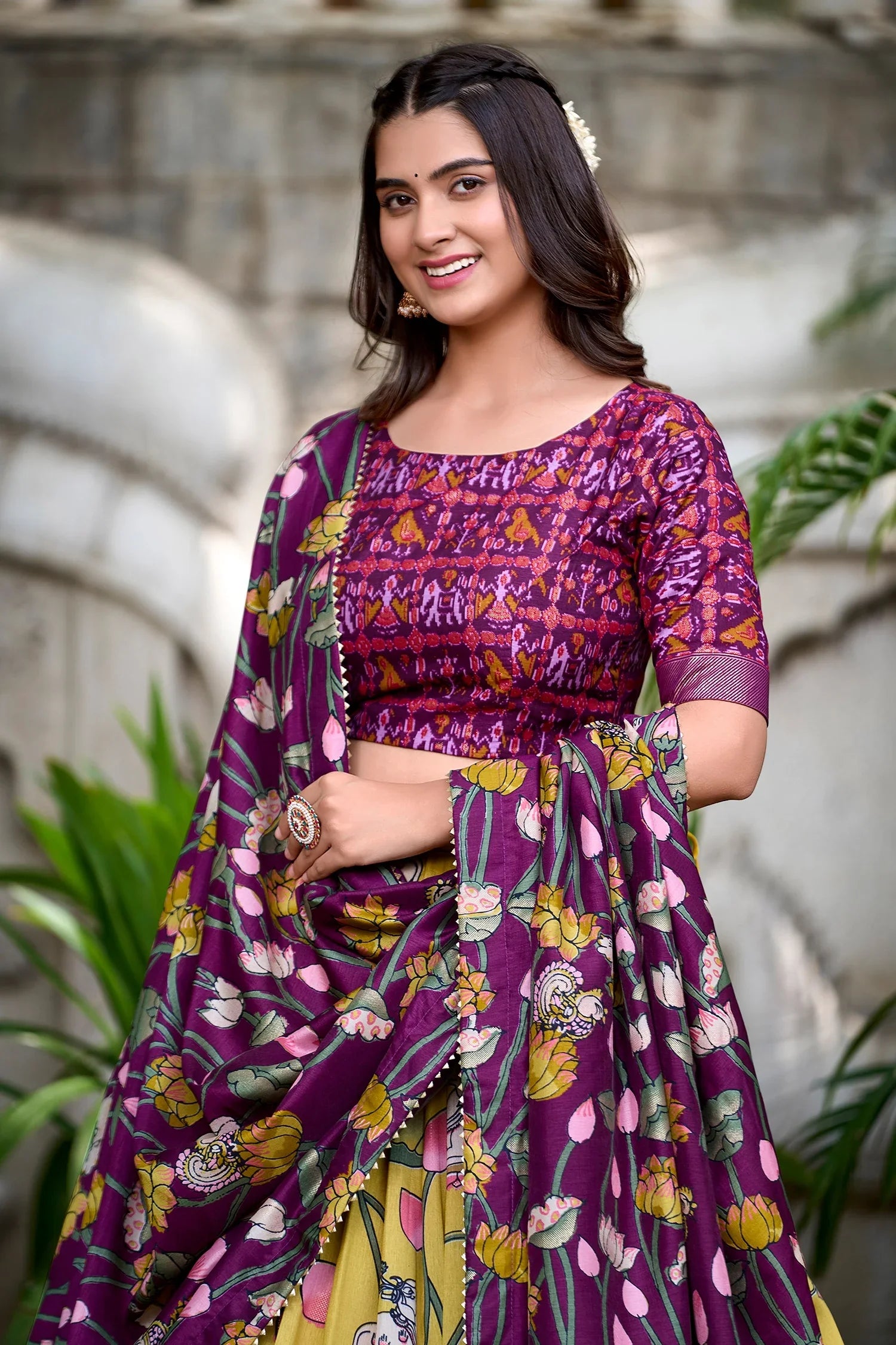 Mustard Tussar Silk Floral Printed Lehenga with Contrast Patola Border