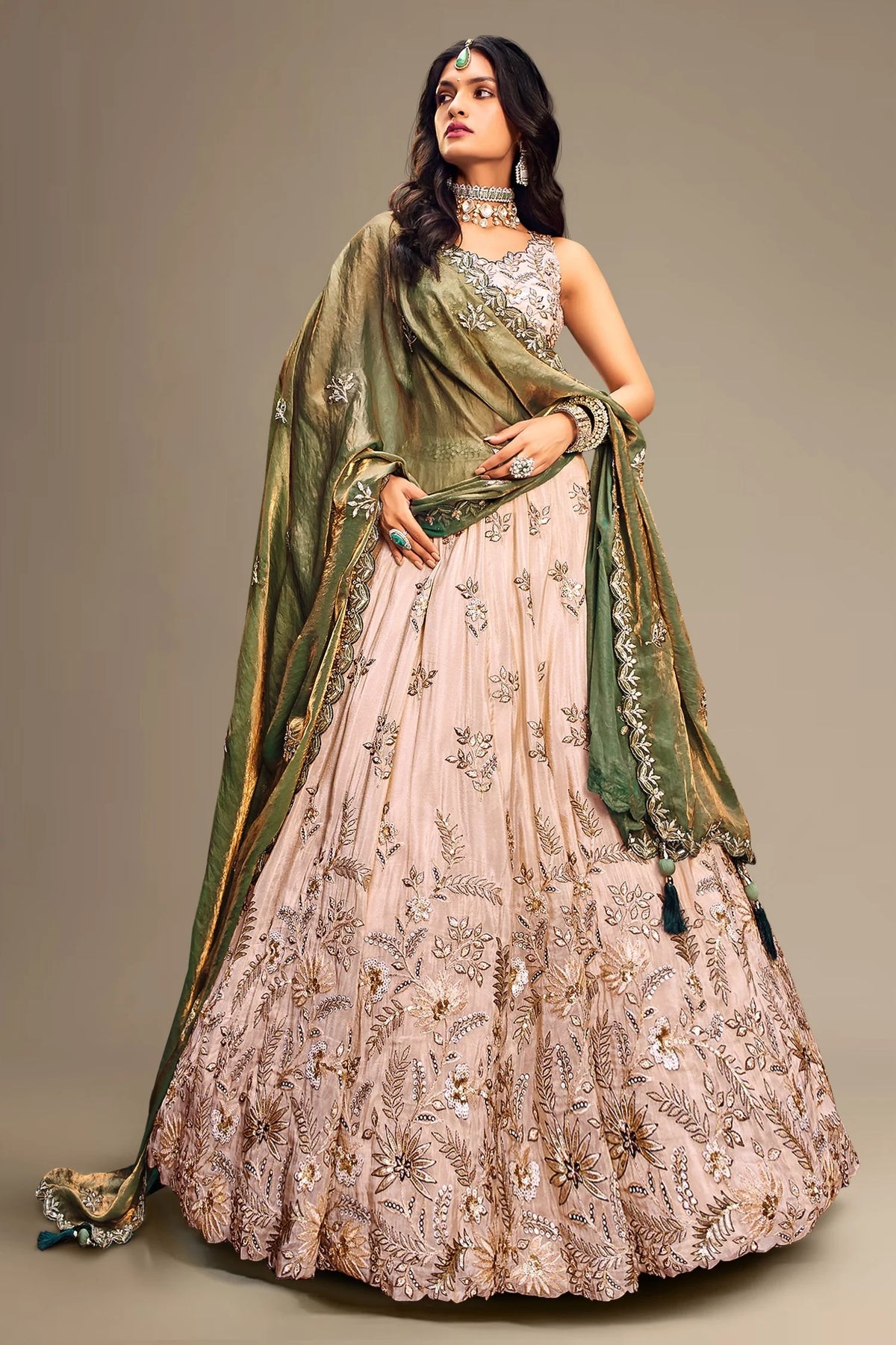 Beige Viscose Rayon Embroidered Sequin Worked Lehenga - CCFI1570