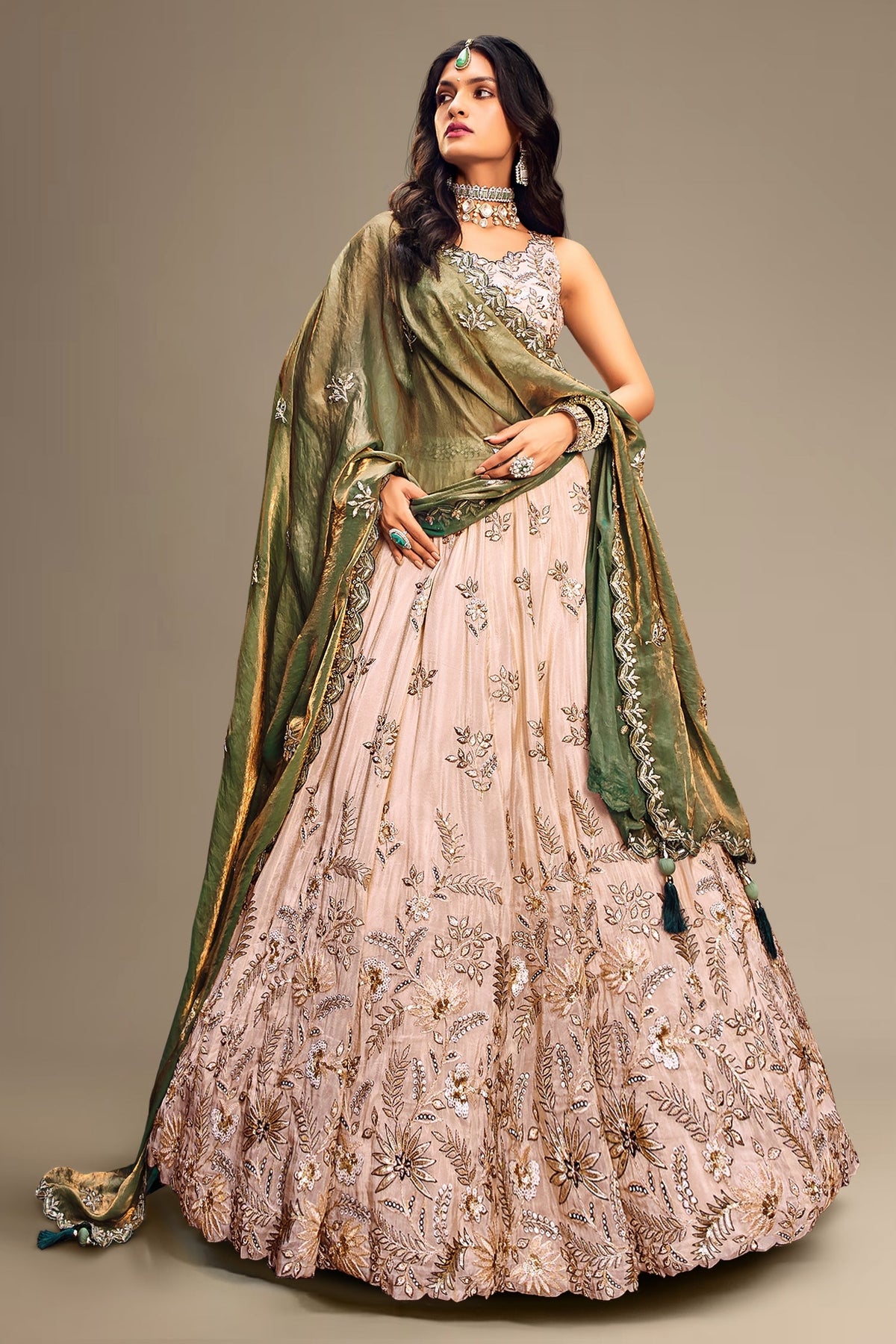 Teal Green Organza Floral Printed Lehenga with Sequins Border