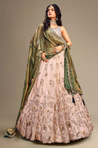 Beige Viscose Rayon Embroidered Sequin Worked Lehenga - red rayon saree embroidered