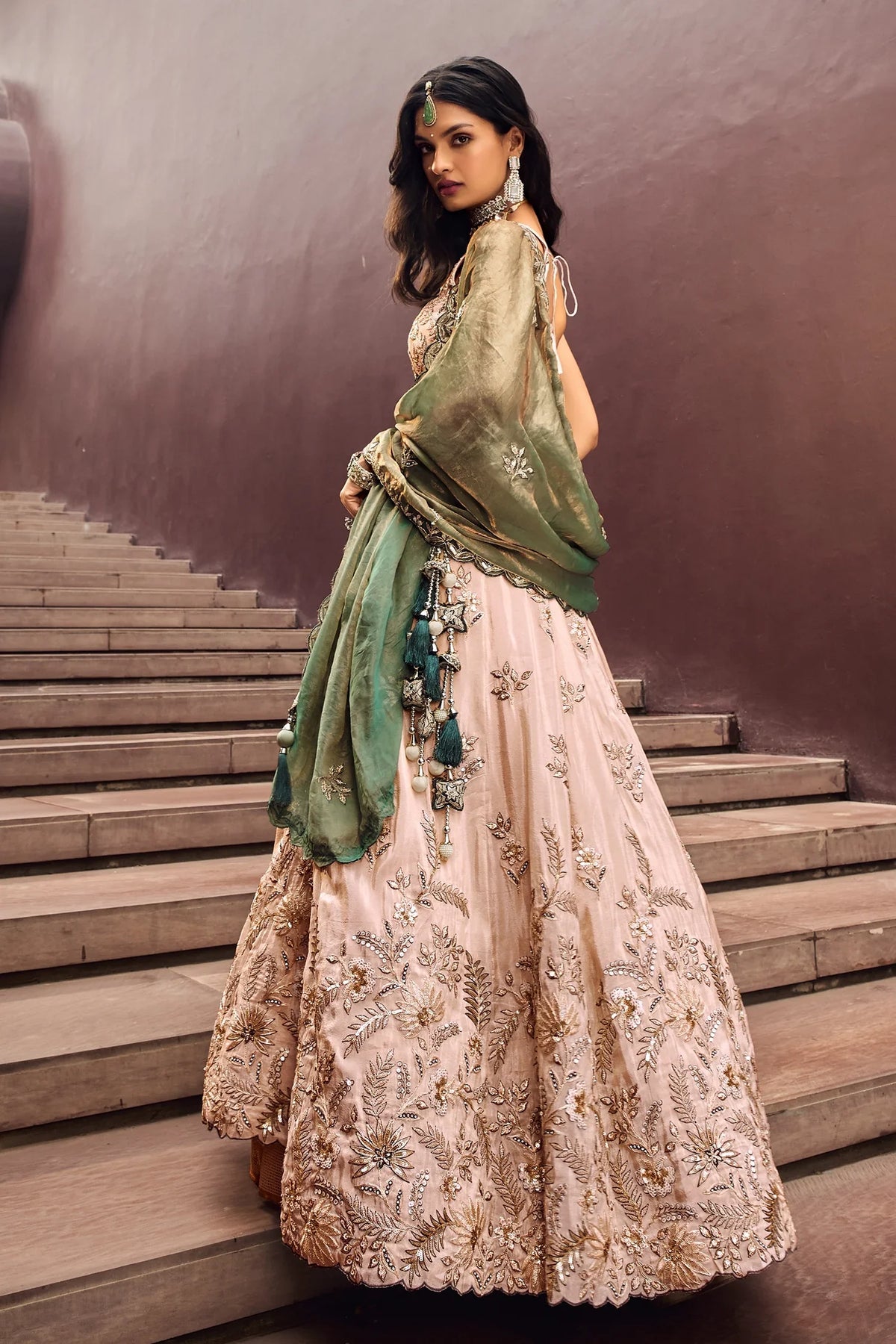 Beige Viscose Rayon Embroidered Sequin Worked Lehenga - red rayon saree embroidered
