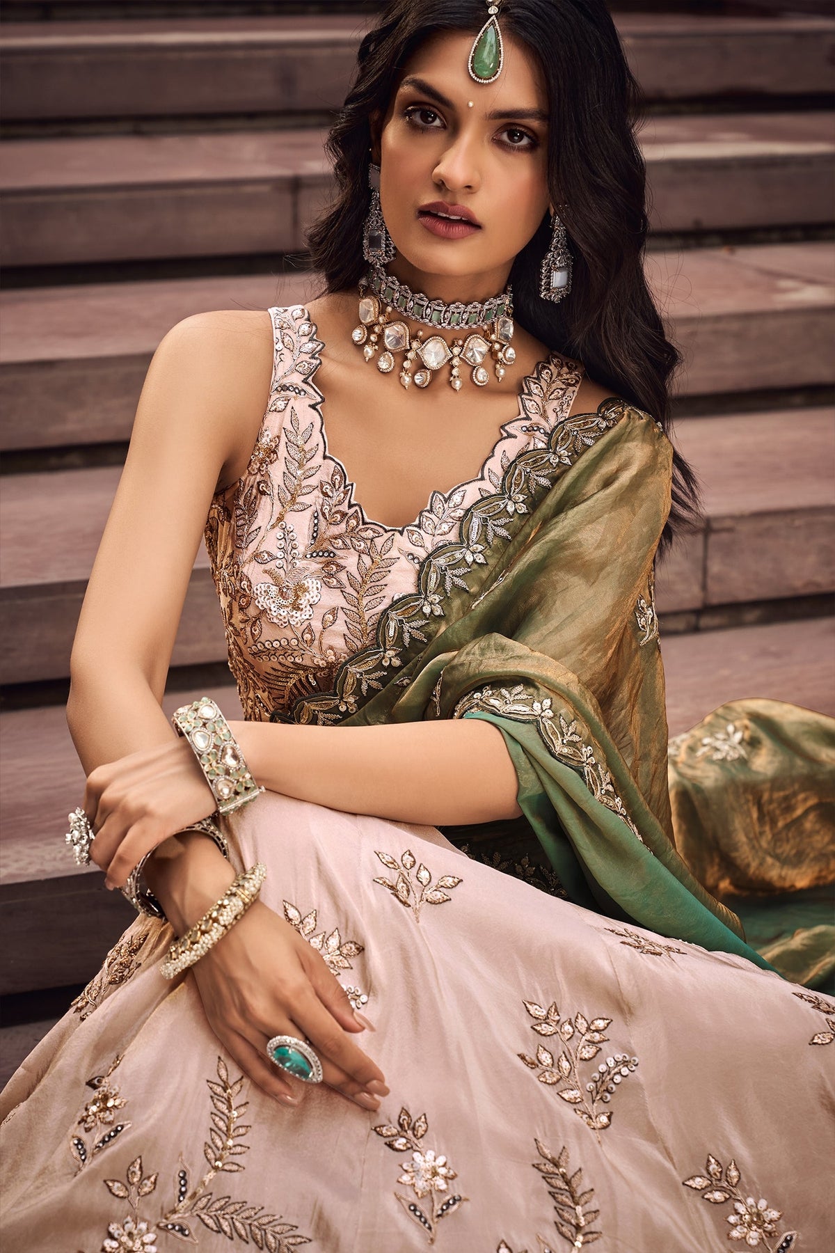 Beige Viscose Rayon Embroidered Sequin Worked Lehenga - red rayon saree embroidered