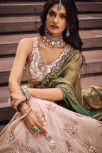 Beige Viscose Rayon Embroidered Sequin Worked Lehenga - red rayon saree embroidered