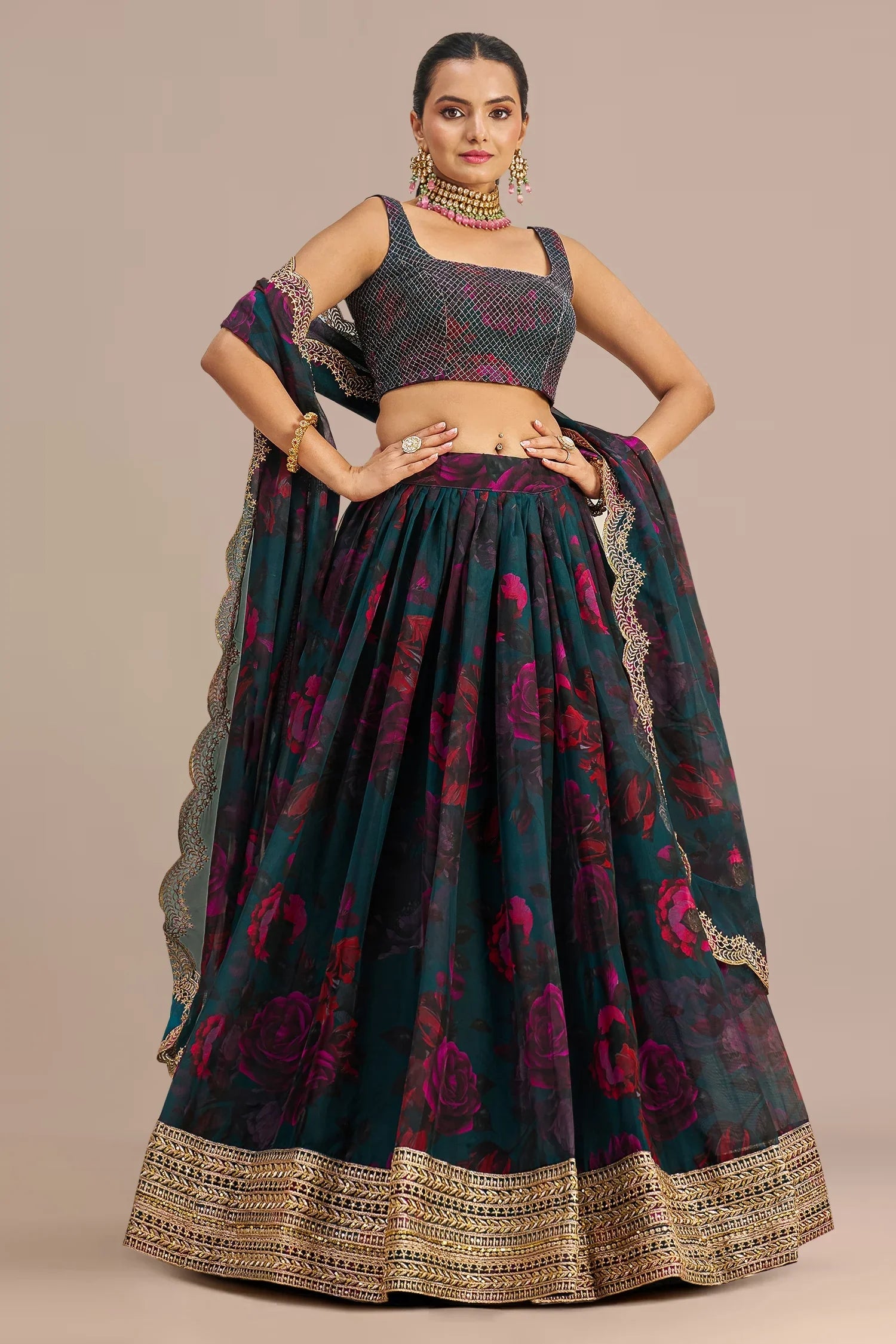 Teal Green Organza Floral Printed Lehenga with Sequins Border - green organza saree