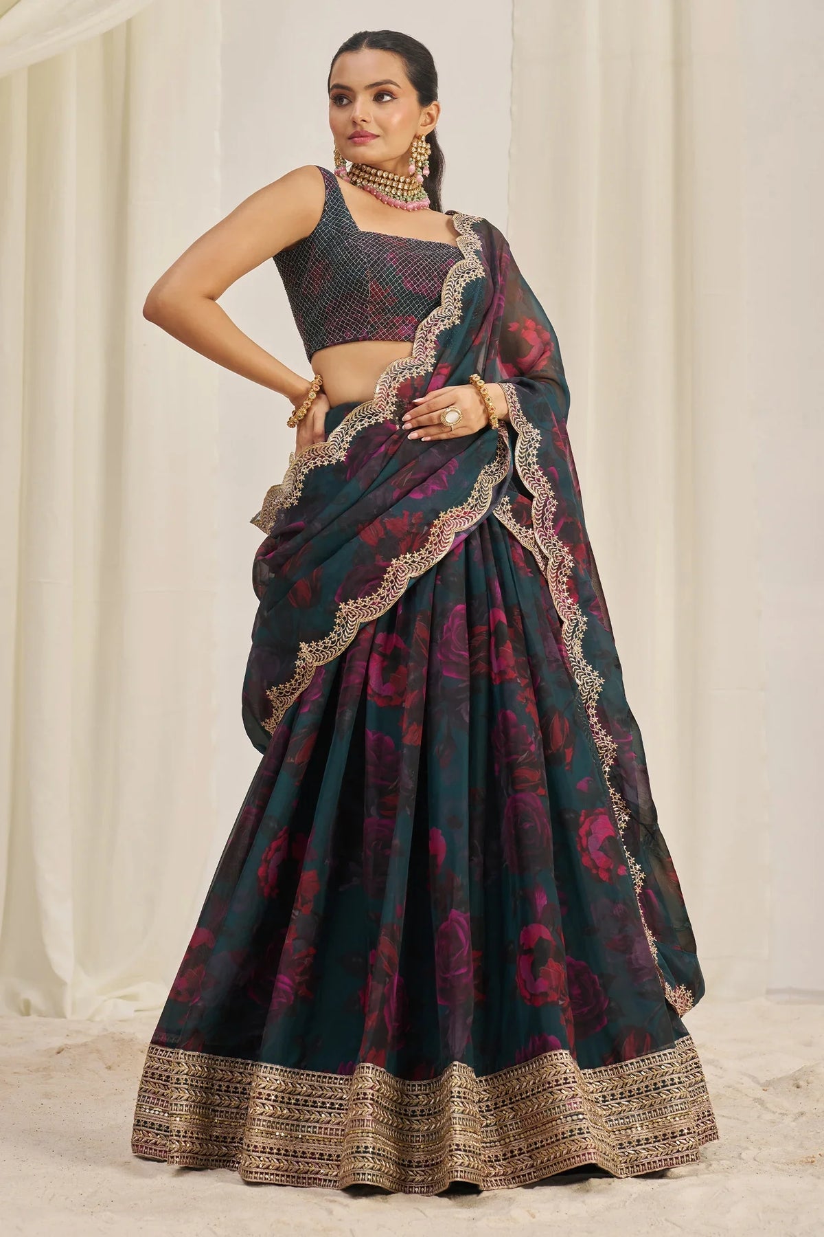 Teal Green Organza Floral Printed Lehenga with Sequins Border - green organza saree