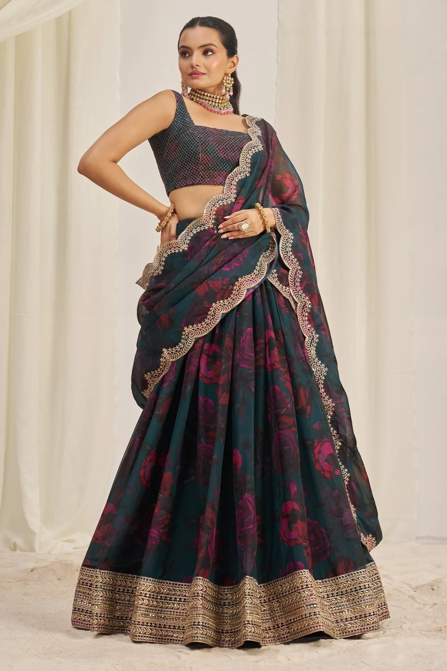 Teal Green Organza Floral Printed Lehenga with Sequins Border - green organza saree