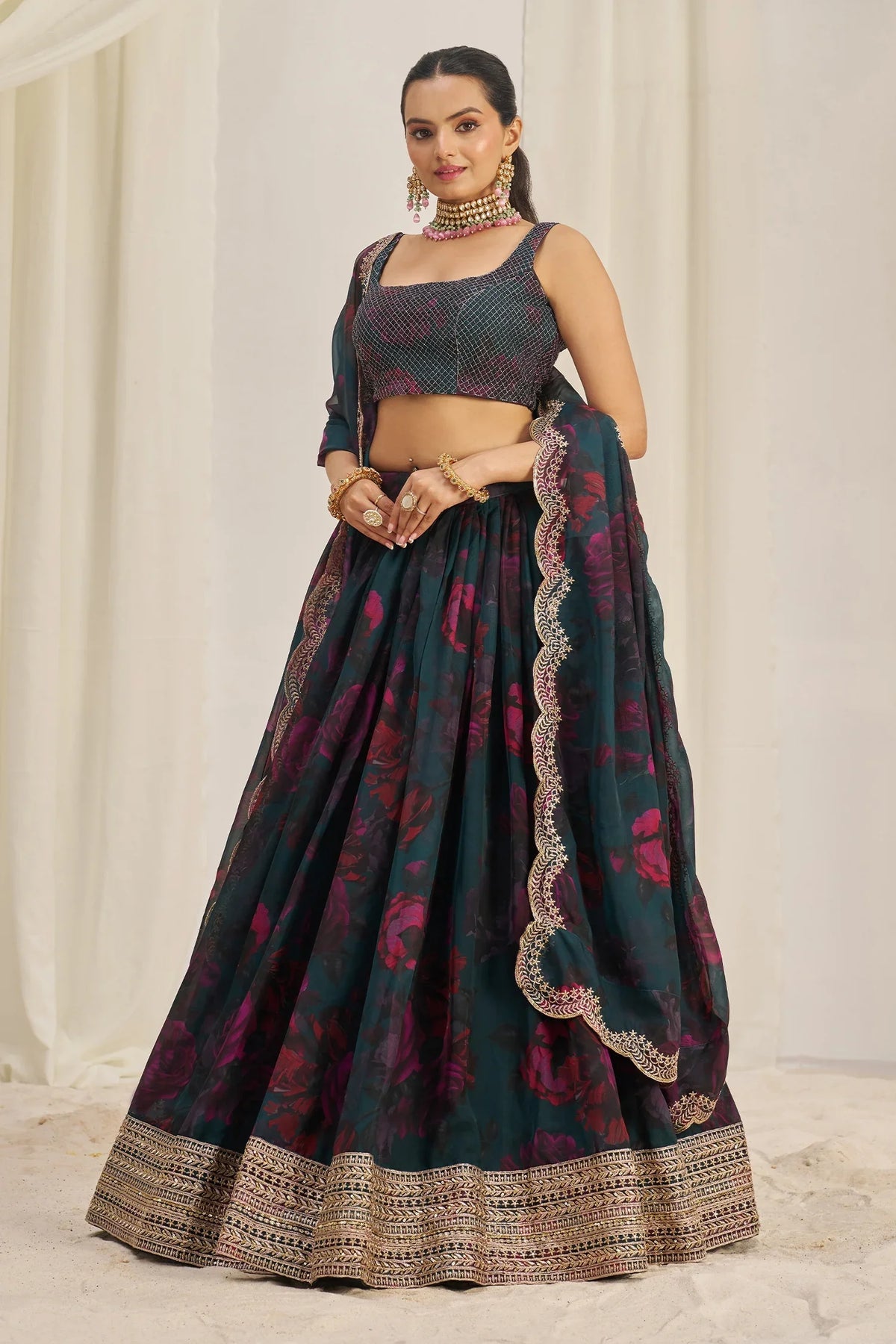 Teal Green Organza Floral Printed Lehenga with Sequins Border - green organza saree