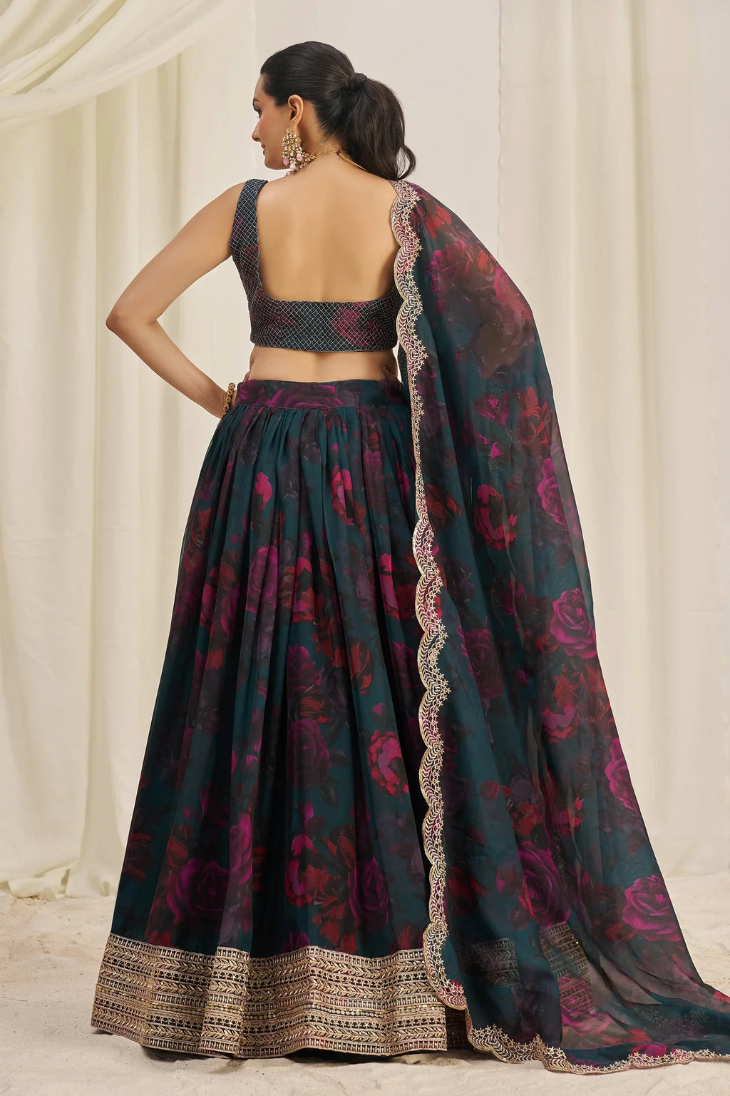 Teal Green Organza Floral Printed Lehenga with Sequins Border - green organza saree