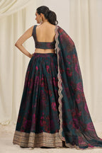 Teal Green Organza Floral Printed Lehenga with Sequins Border - green organza saree