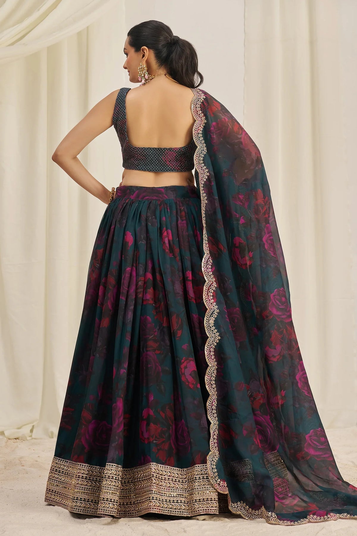 Teal Green Organza Floral Printed Lehenga with Sequins Border - green organza saree