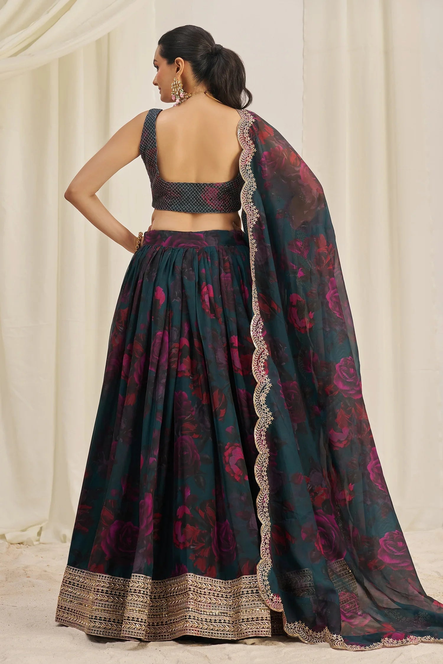 Teal Green Organza Floral Printed Lehenga with Sequins Border - green organza saree