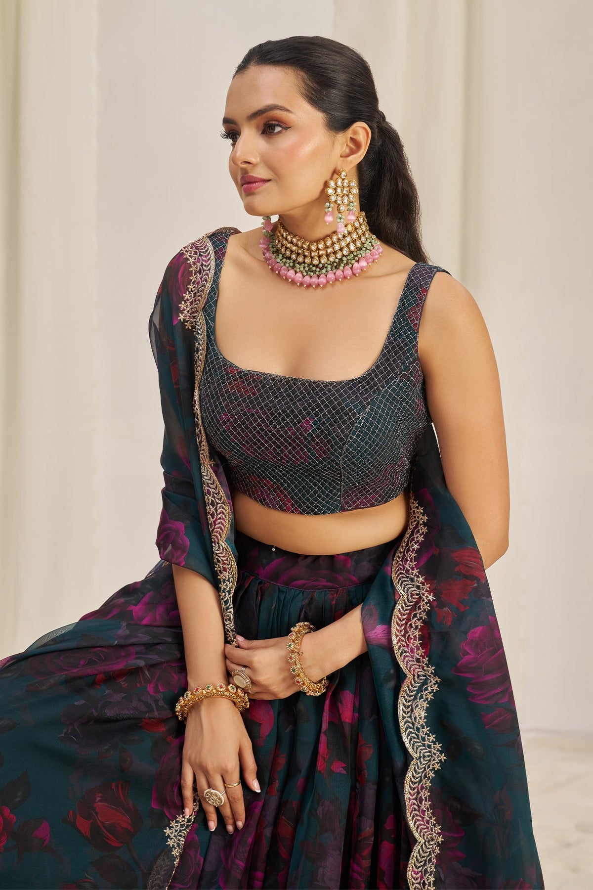 Teal Green Organza Floral Printed Lehenga with Sequins Border - green organza saree