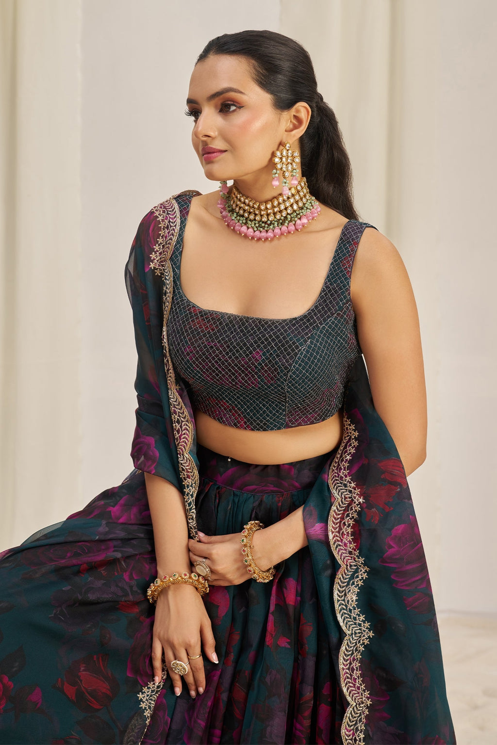 Teal Green Organza Floral Printed Lehenga with Sequins Border - green organza saree