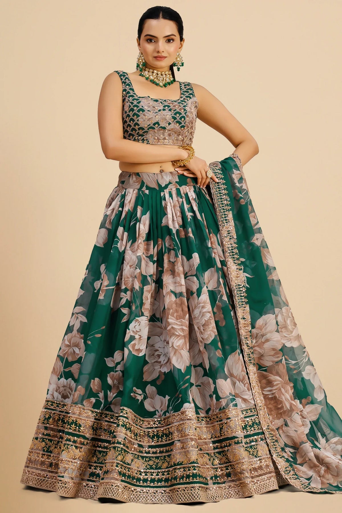 Dark Green Organza Floral Printed Lehenga with Sequins Border - green organza saree