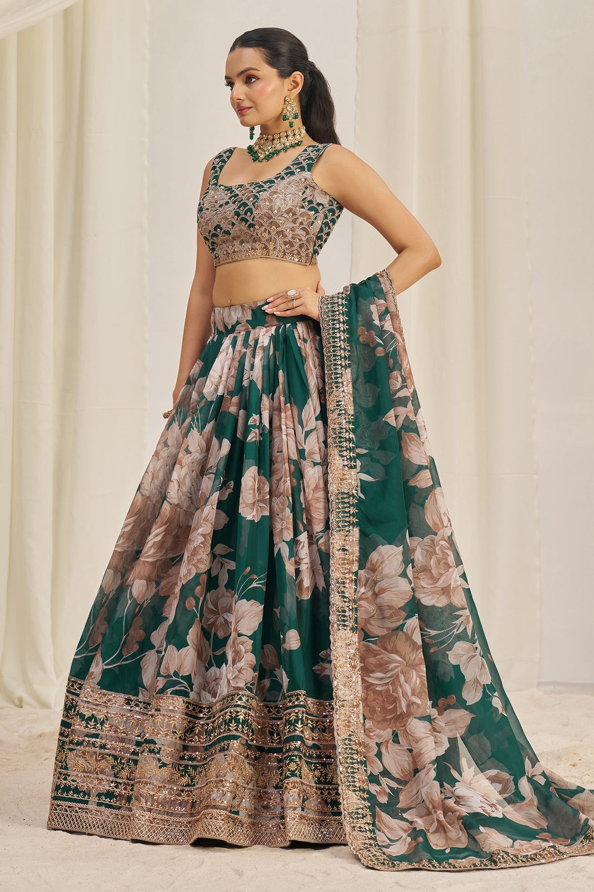 Dark Green Organza Floral Printed Lehenga with Sequins Border - green organza saree