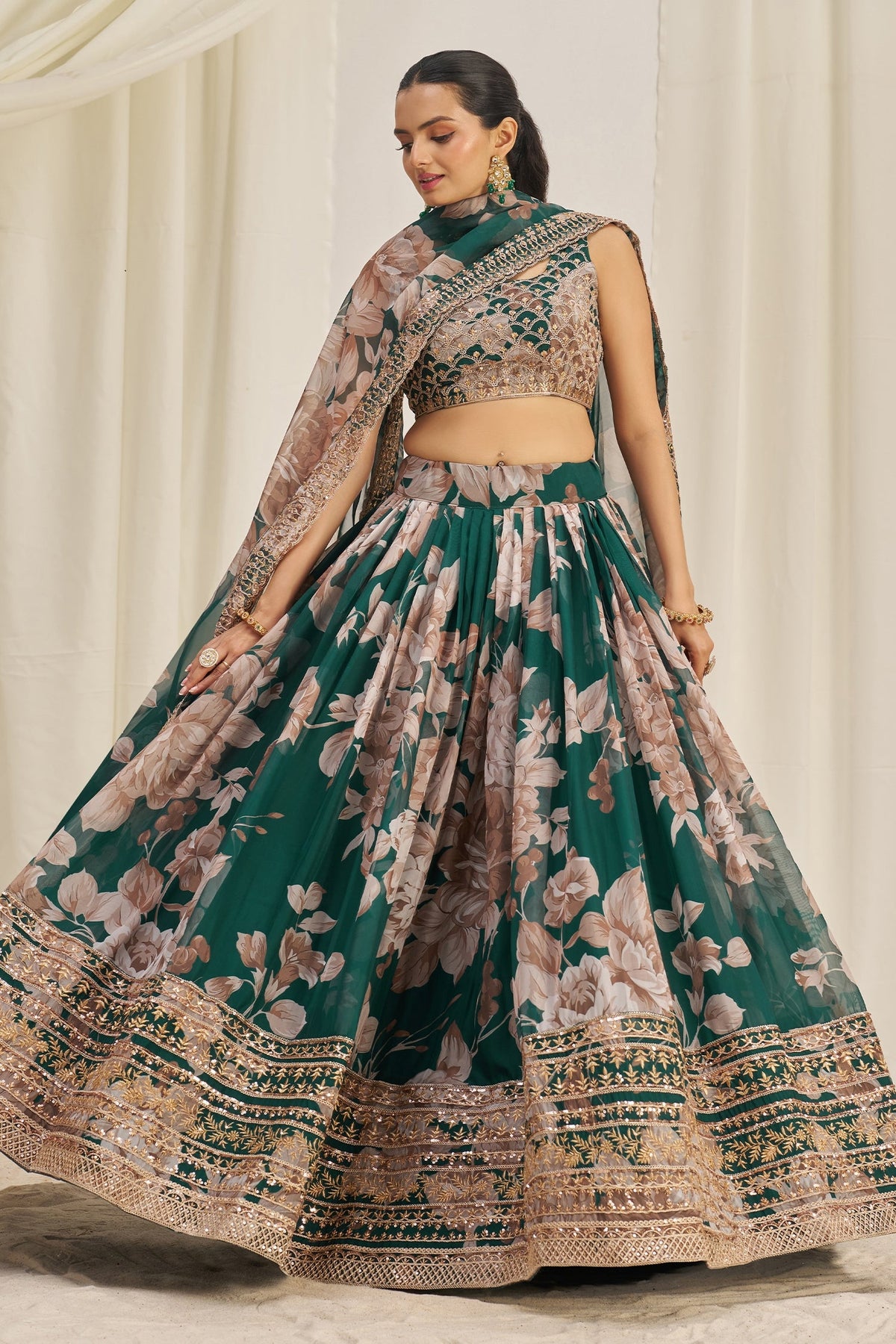 Dark Green Organza Floral Printed Lehenga with Sequins Border - green organza saree