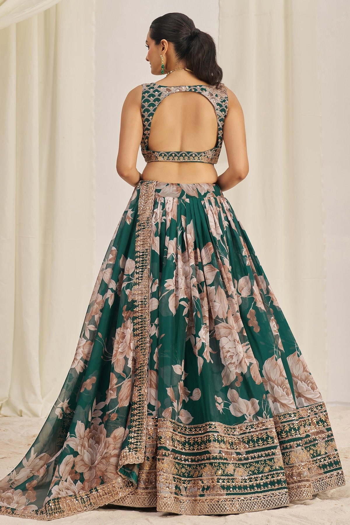 Dark Green Organza Floral Printed Lehenga with Sequins Border - green organza saree