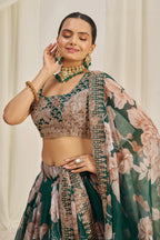 Dark Green Organza Floral Printed Lehenga with Sequins Border - green organza saree