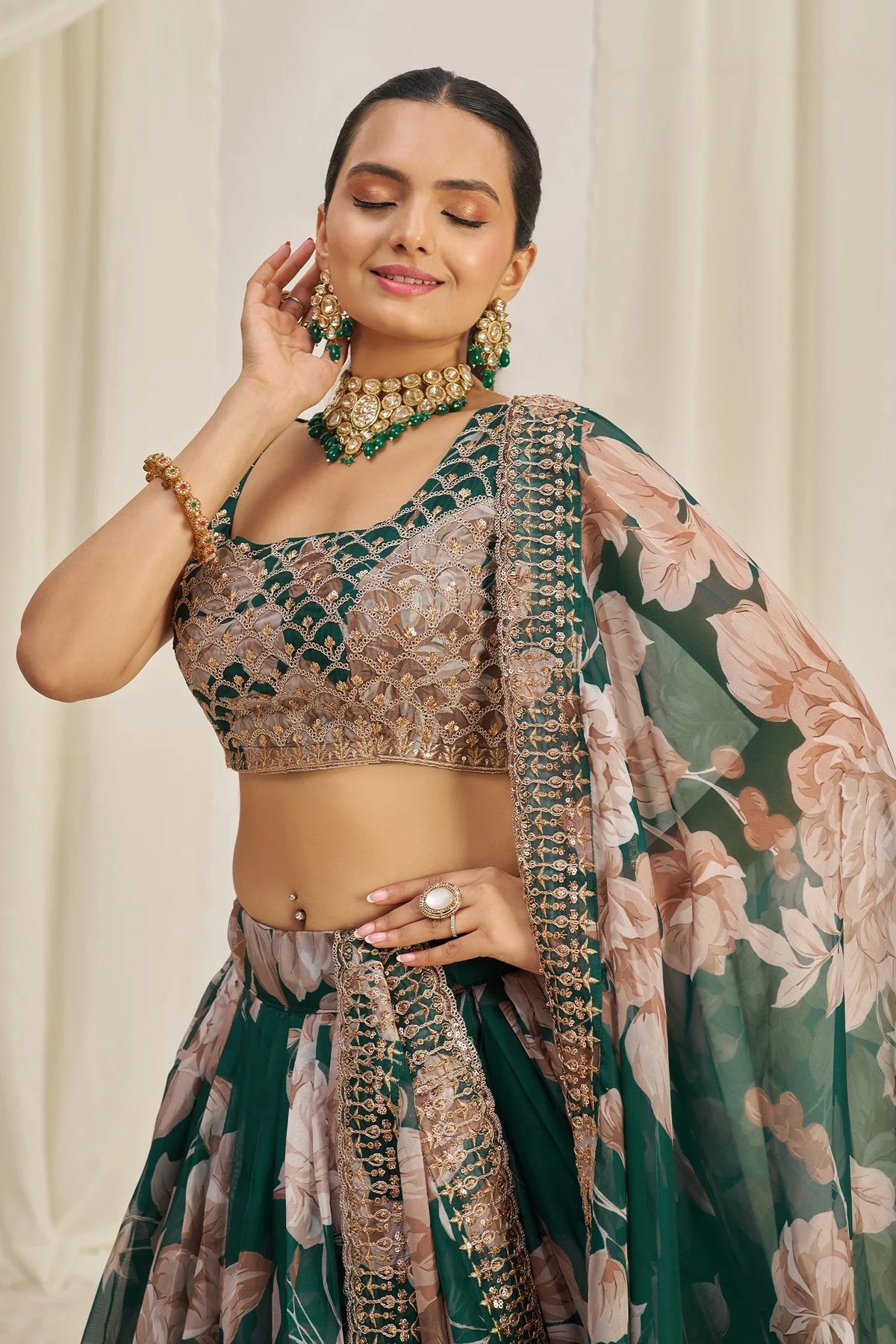 Dark Green Organza Floral Printed Lehenga with Sequins Border - green organza saree