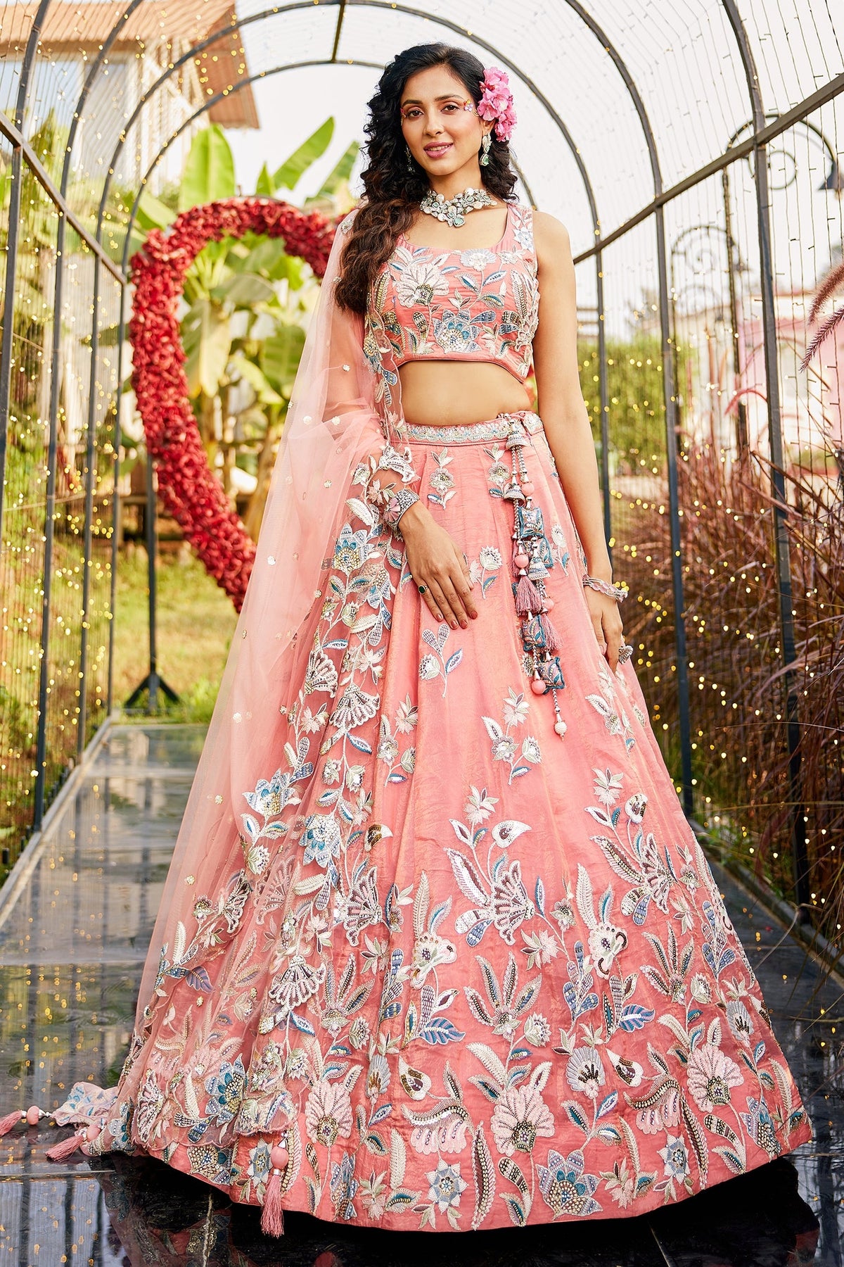 Orange Organza Silk Floral Sequin Embroidered Lehenga