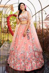 Orange Organza Silk Floral Sequin Embroidered Lehenga