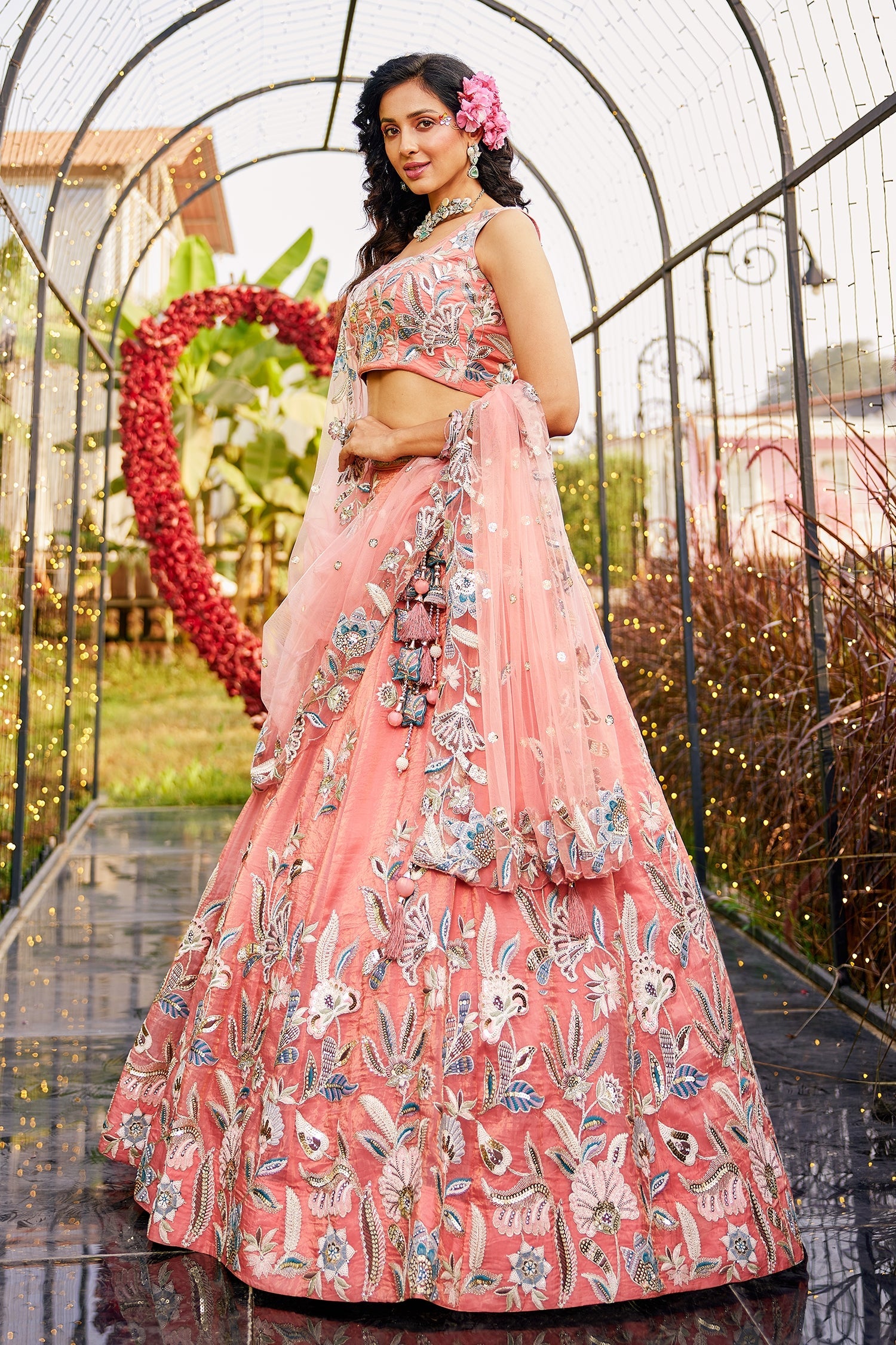 Orange Organza Silk Floral Sequin Embroidered Lehenga