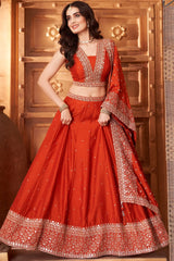 Orange Silk Sequin Embroidered Lehenga