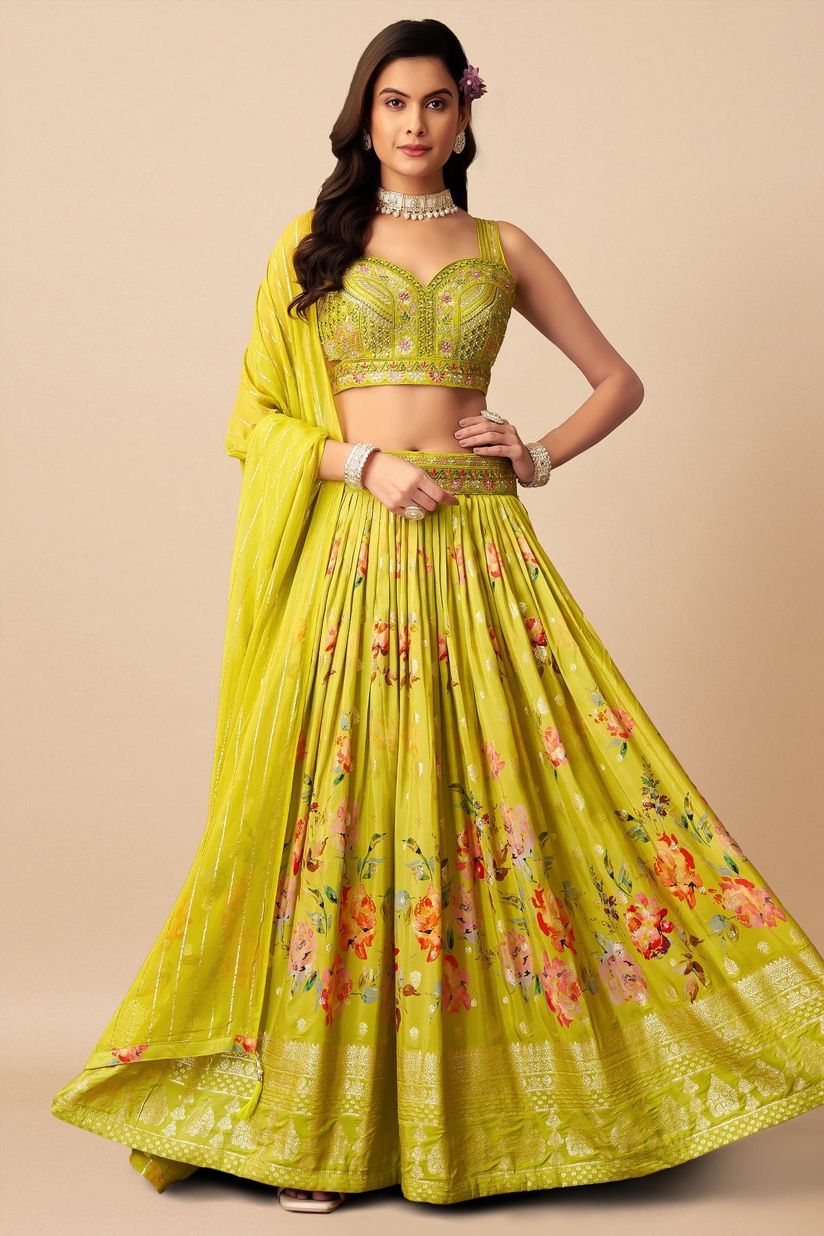 Bitter Lemon Green Georgette Floral Printed Lehenga