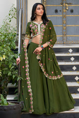 Olive Green Art Silk Plain Flared Lehenga