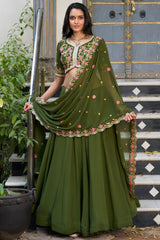 Olive Green Art Silk Plain Flared Lehenga