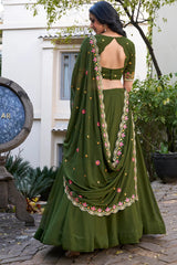 Olive Green Art Silk Plain Flared Lehenga