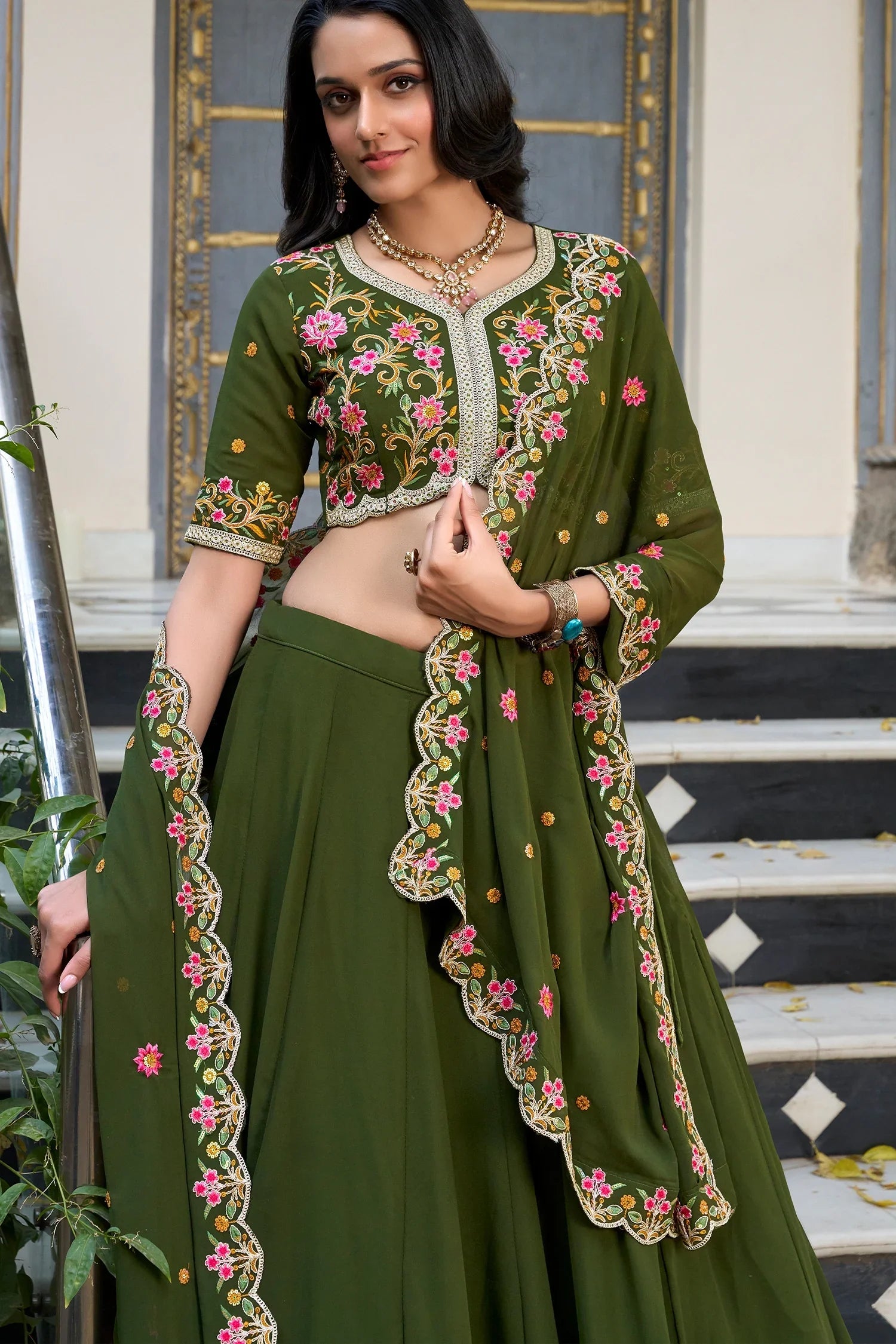 Olive Green Art Silk Plain Flared Lehenga