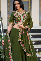 Olive Green Art Silk Plain Flared Lehenga