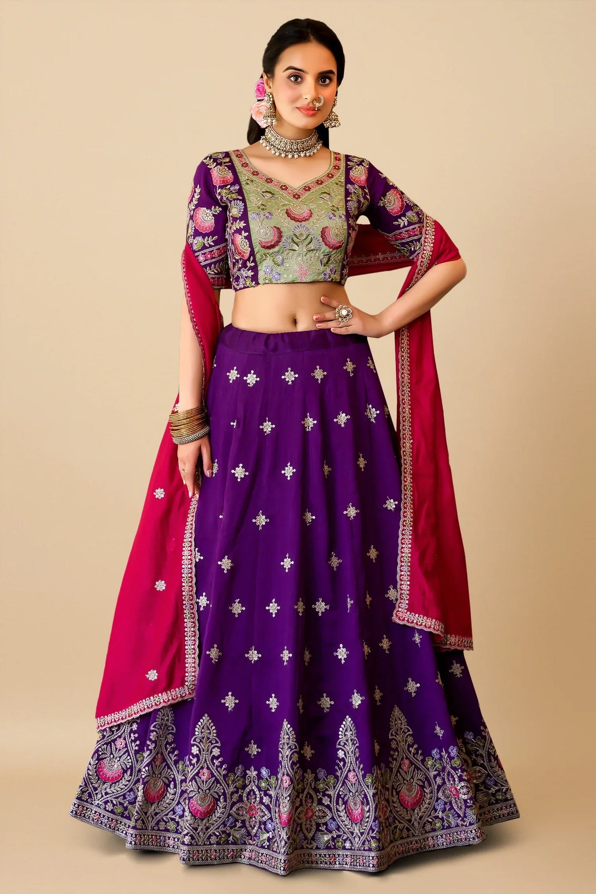 Purple Georgette Embroidered Lehenga