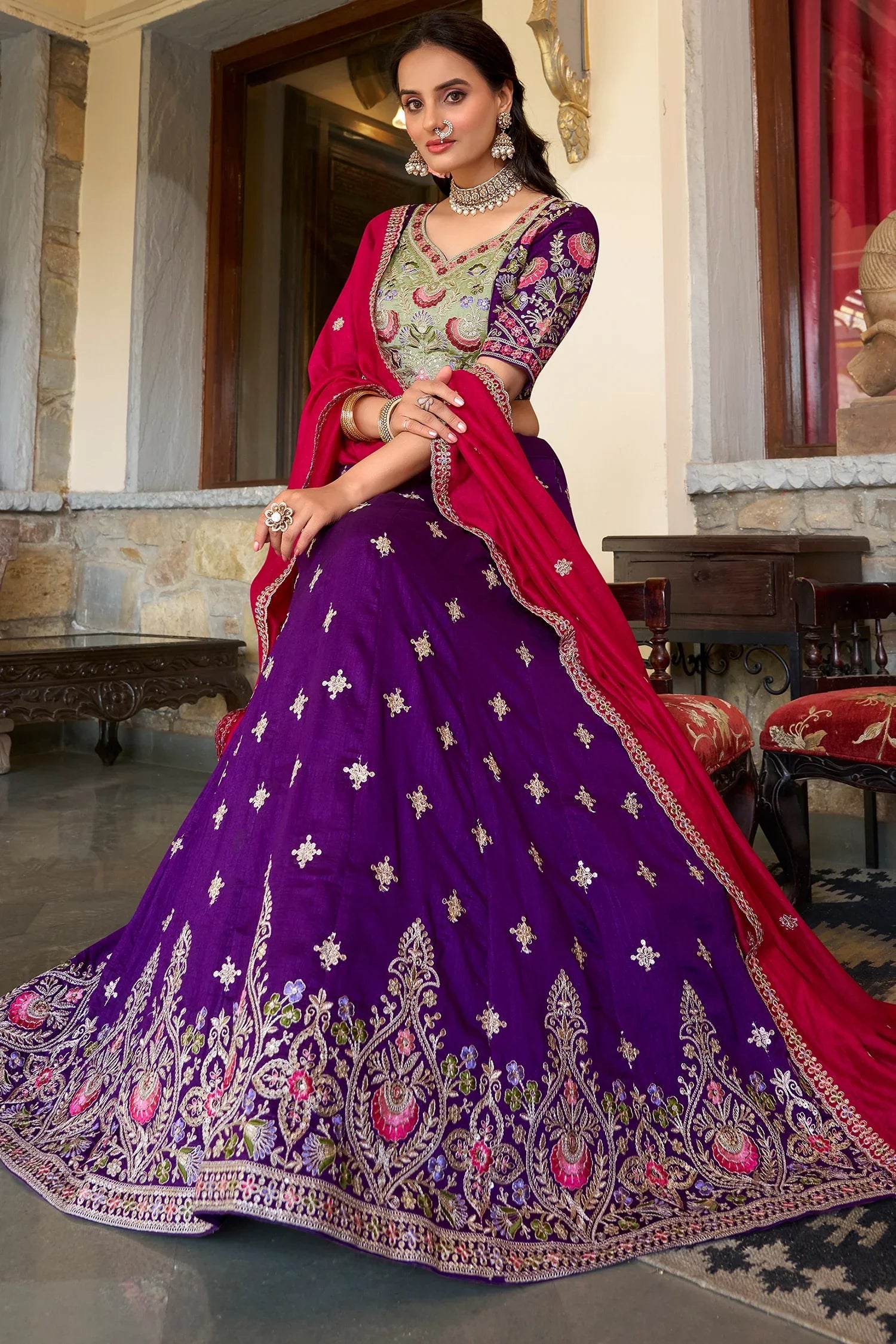 Purple Georgette Embroidered Lehenga