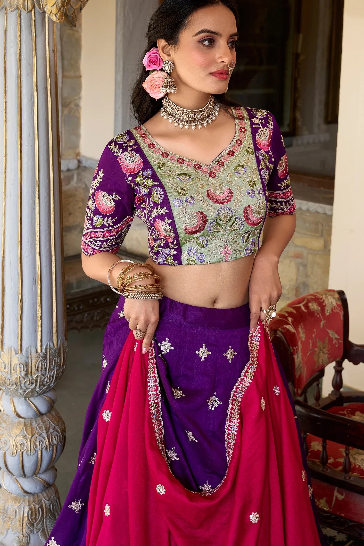 Purple Georgette Embroidered Lehenga