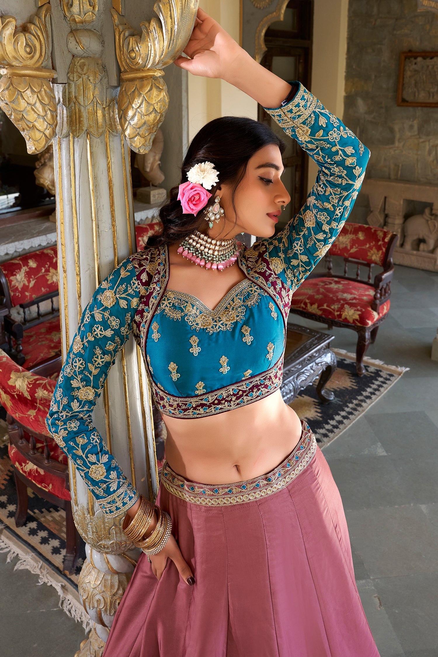 Dusty Pink Georgette Embroidered Lehenga