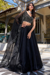 Black Art Silk Plain Flared Lehenga