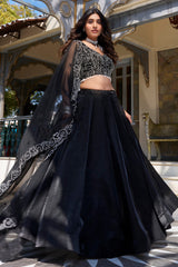 Black Art Silk Plain Flared Lehenga