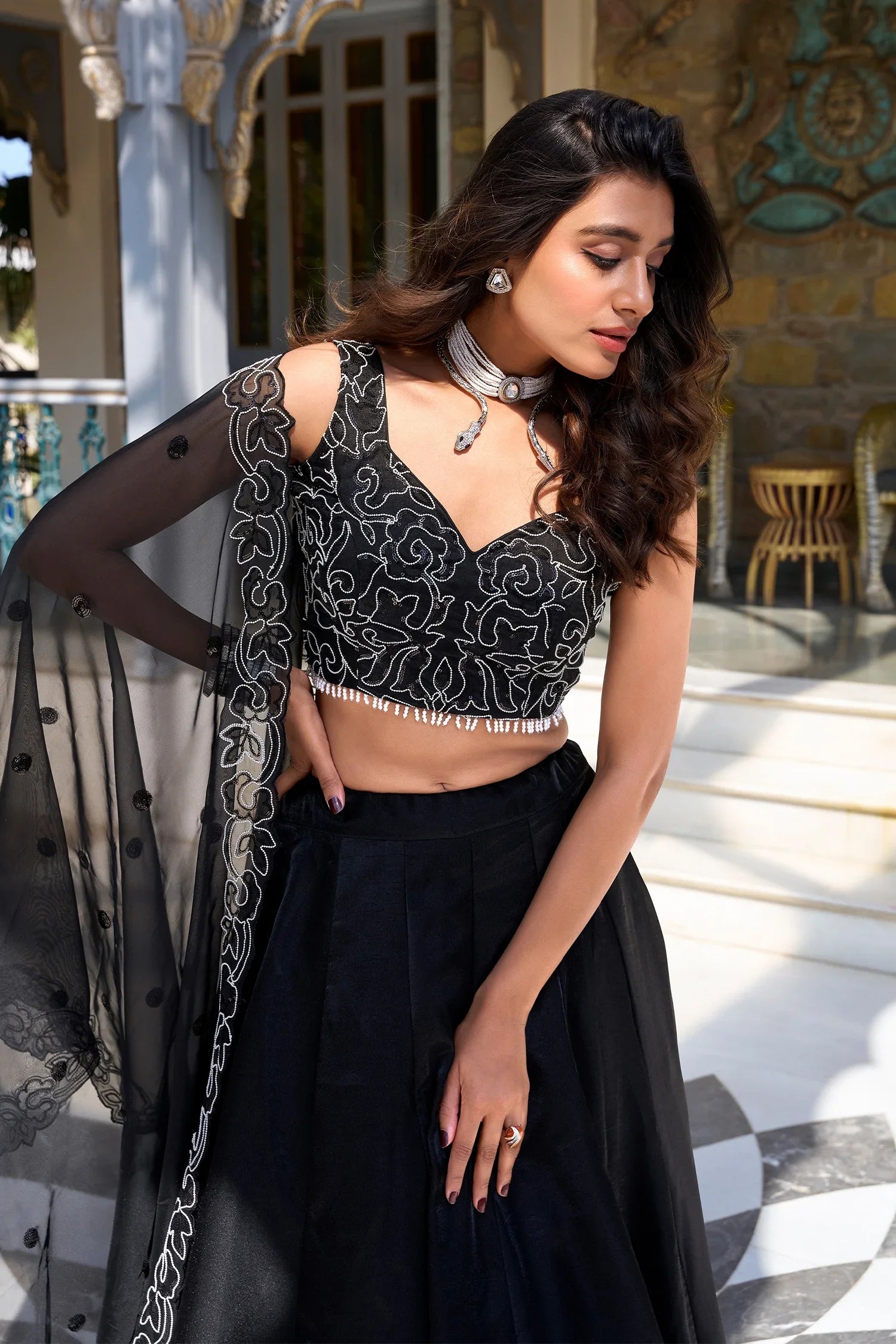 Black Art Silk Plain Flared Lehenga