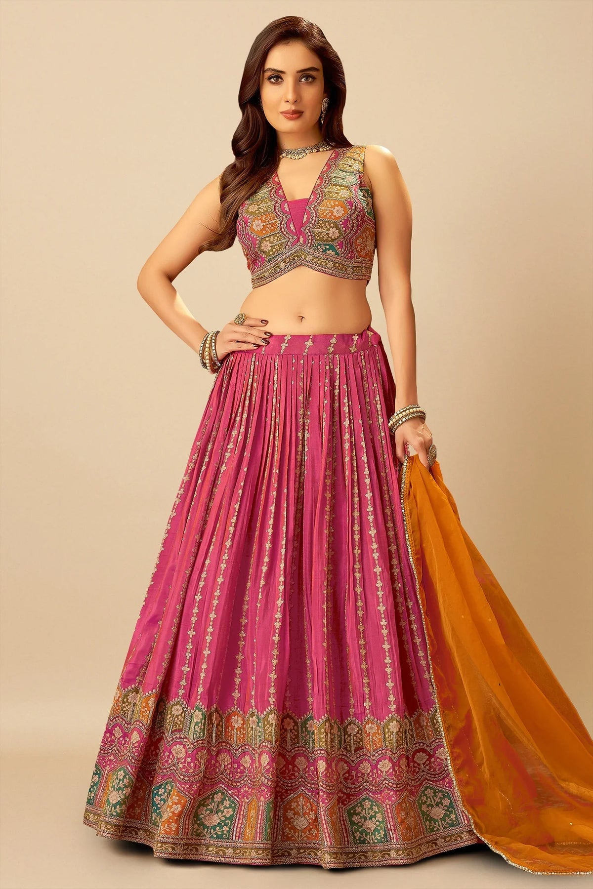 Pink Georgette Sequin and Printed Pleated Lehenga
